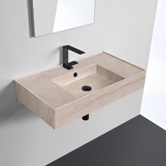 Bathroom Sink Beige Travertine Design Ceramic Wall Mounted or Vessel Sink With Counter Space Scarabeo 5123-E